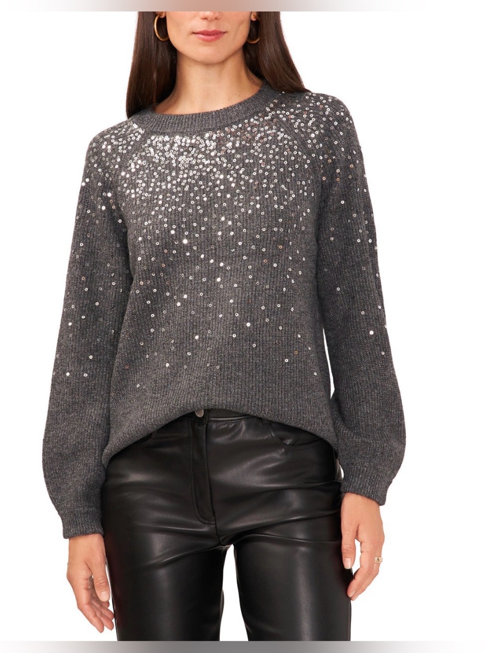 NWT Vince Camuto Gray Sequined Crewneck Raglan Sleeve Grey Sweater Size M